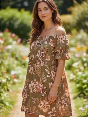 Rip Curl Olive Floral Off-Shoulder Mini Dress